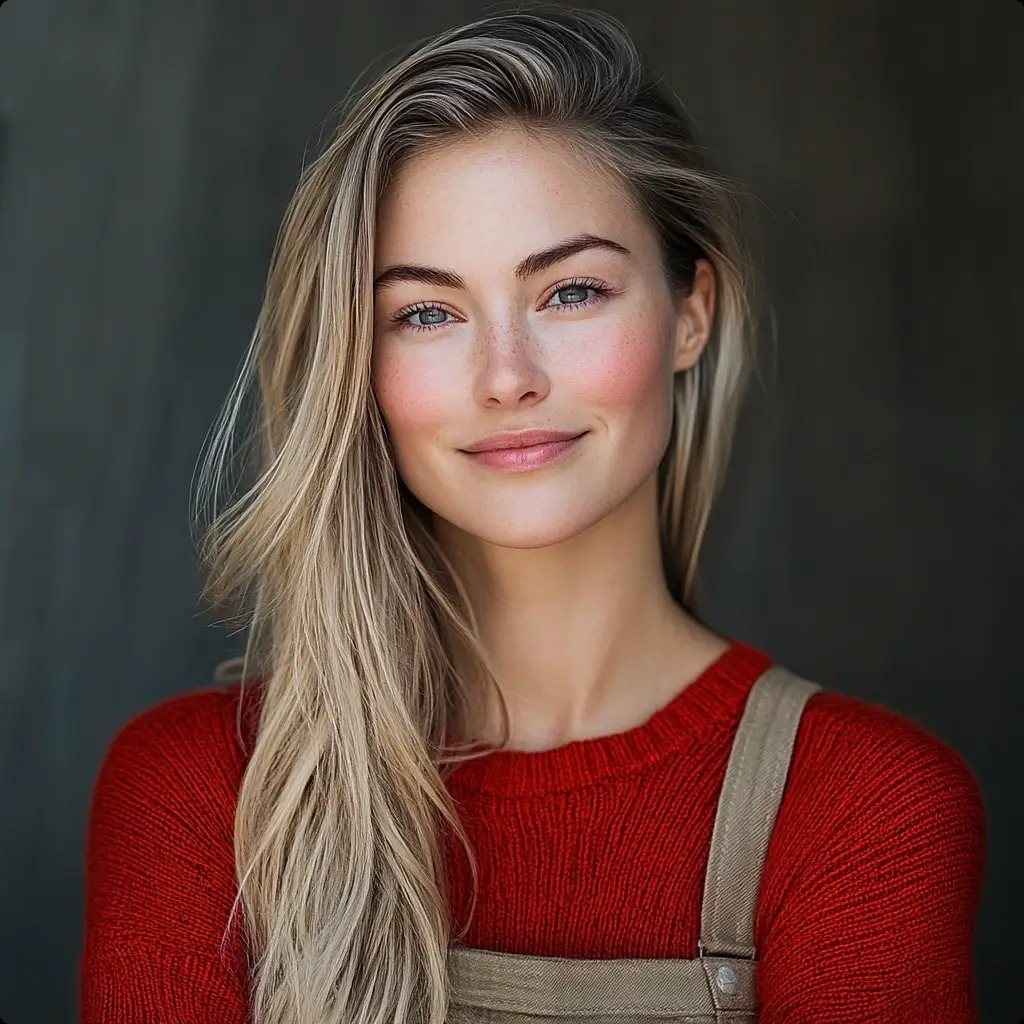 Polished AI portrait render — smooth skin, painted blush, studio grade